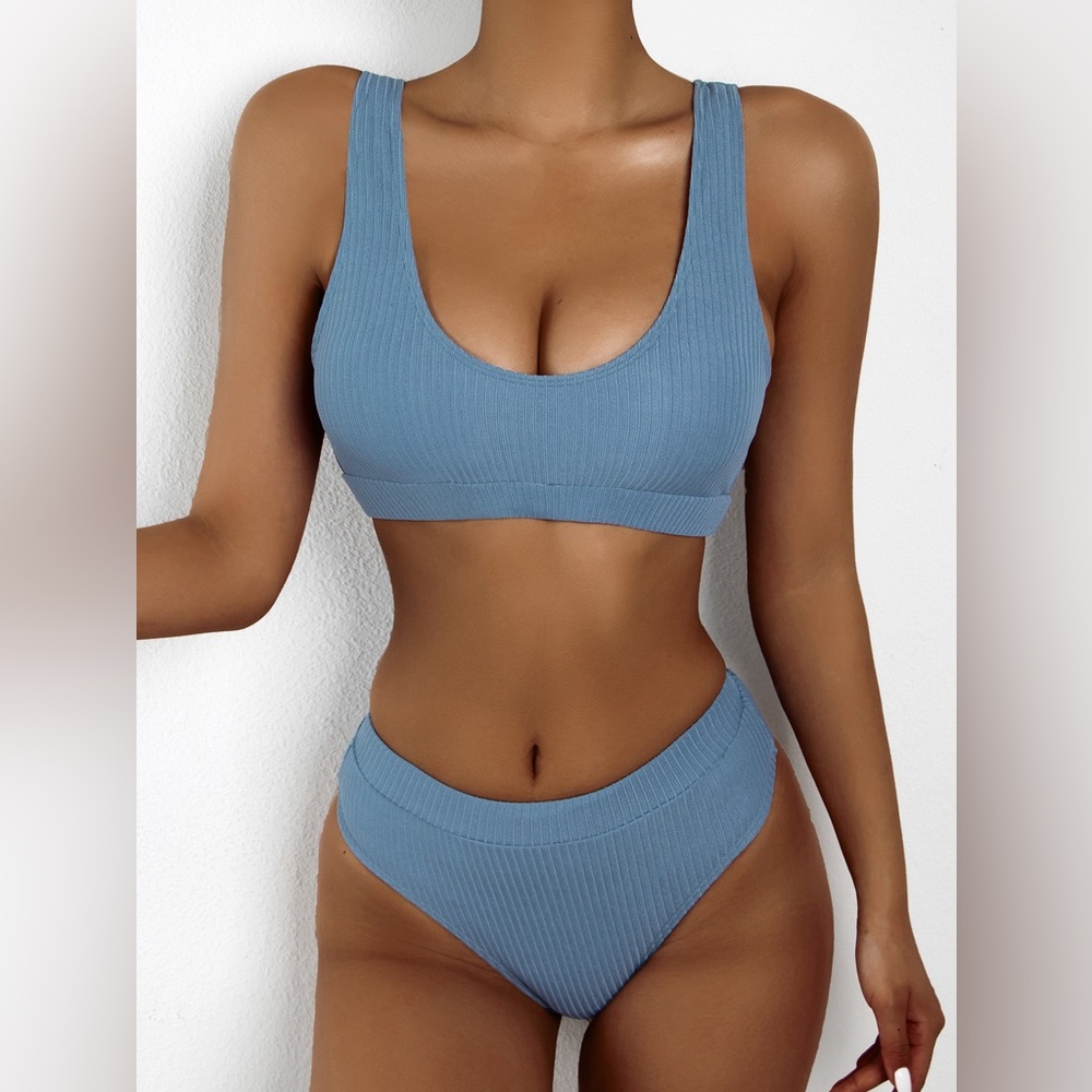SHEIN Sky Blue Ribbed High Waisted Bikini